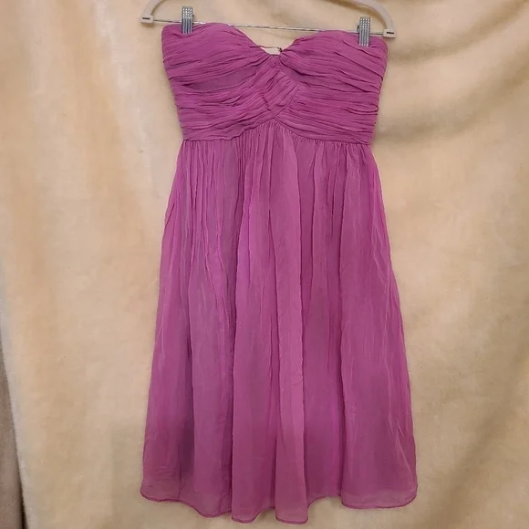 Donna Morgan 100% Silk dress violet beaded pink crepe rushed fit flare - Picture 1 of 6